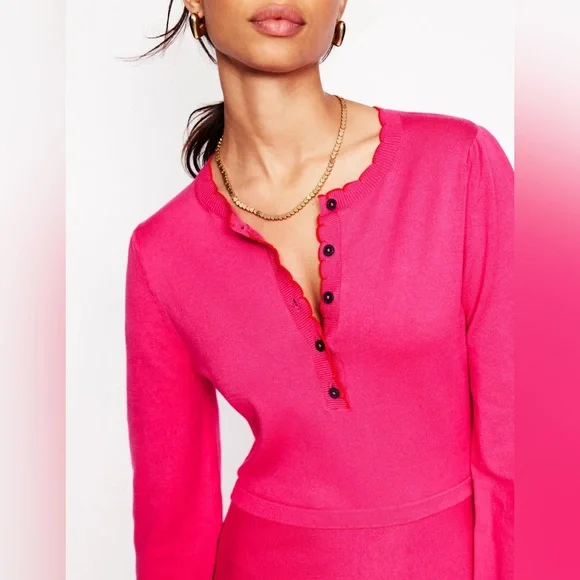 Boden Scallop Henley Knitted Dress in Pink Peony - Picture 2 of 10